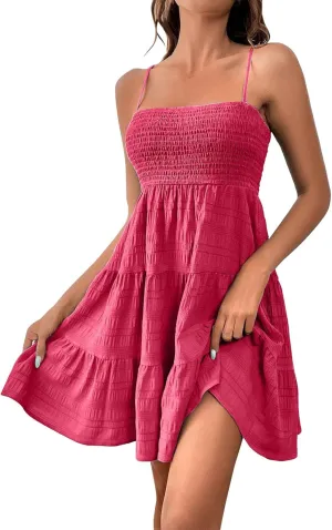 Sundress for Women 2024 Casual Plus Size Beach Vacation Dresses Smocked Flowy Boho Spaghetti Strap A-Line Mini Dress
