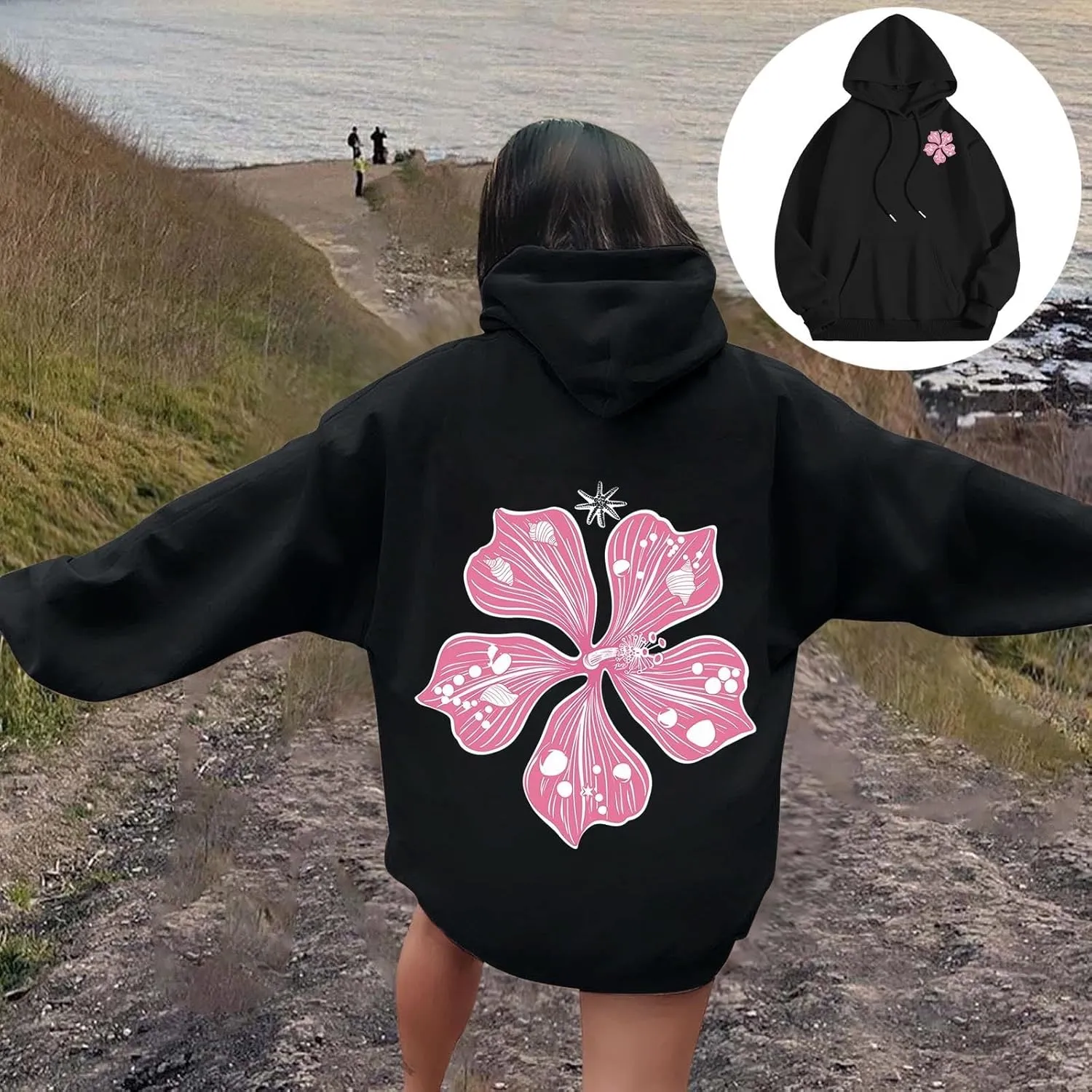 Sweatshirt Womens Pink Palm Puff Hoodie Girls Hoodie Cute Print Long Sleeve Graphic Women's Oversized Sweatshirt