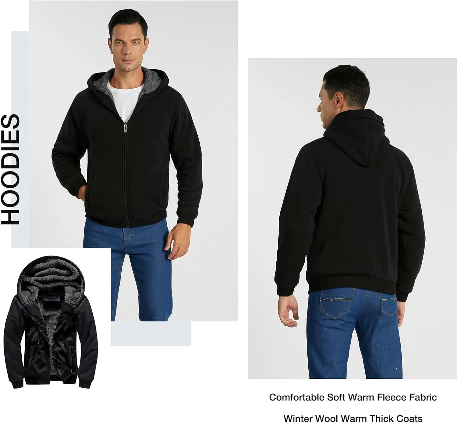 SWISSWELL Men Zip Up Hoodies Sherpa Lined Jacket Heavyweight Fleece Sweatshirt Winter Warm Hooded Coat