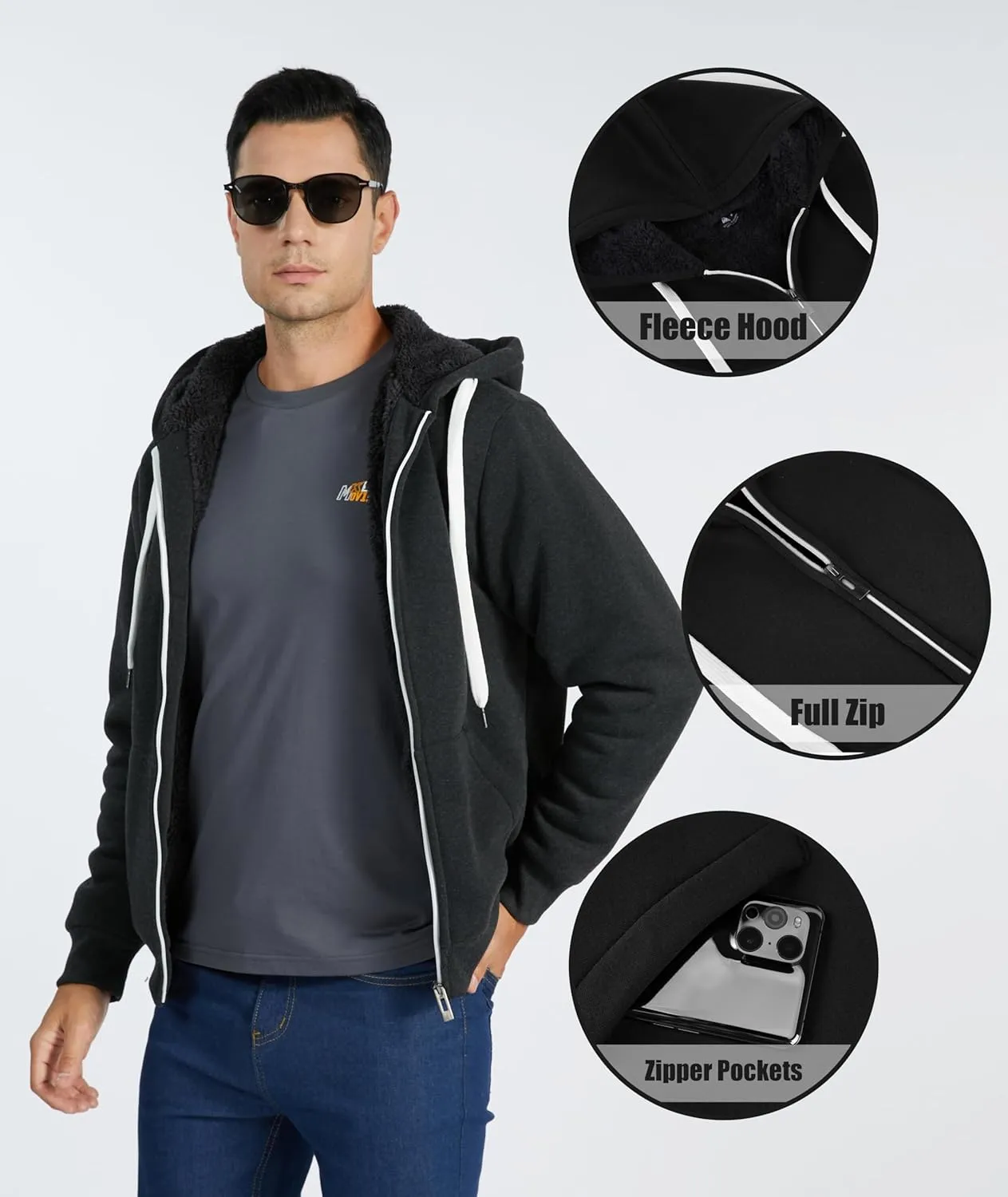 SWISSWELL Men Zip Up Hoodies Sherpa Lined Jacket Heavyweight Fleece Sweatshirt Winter Warm Hooded Coat