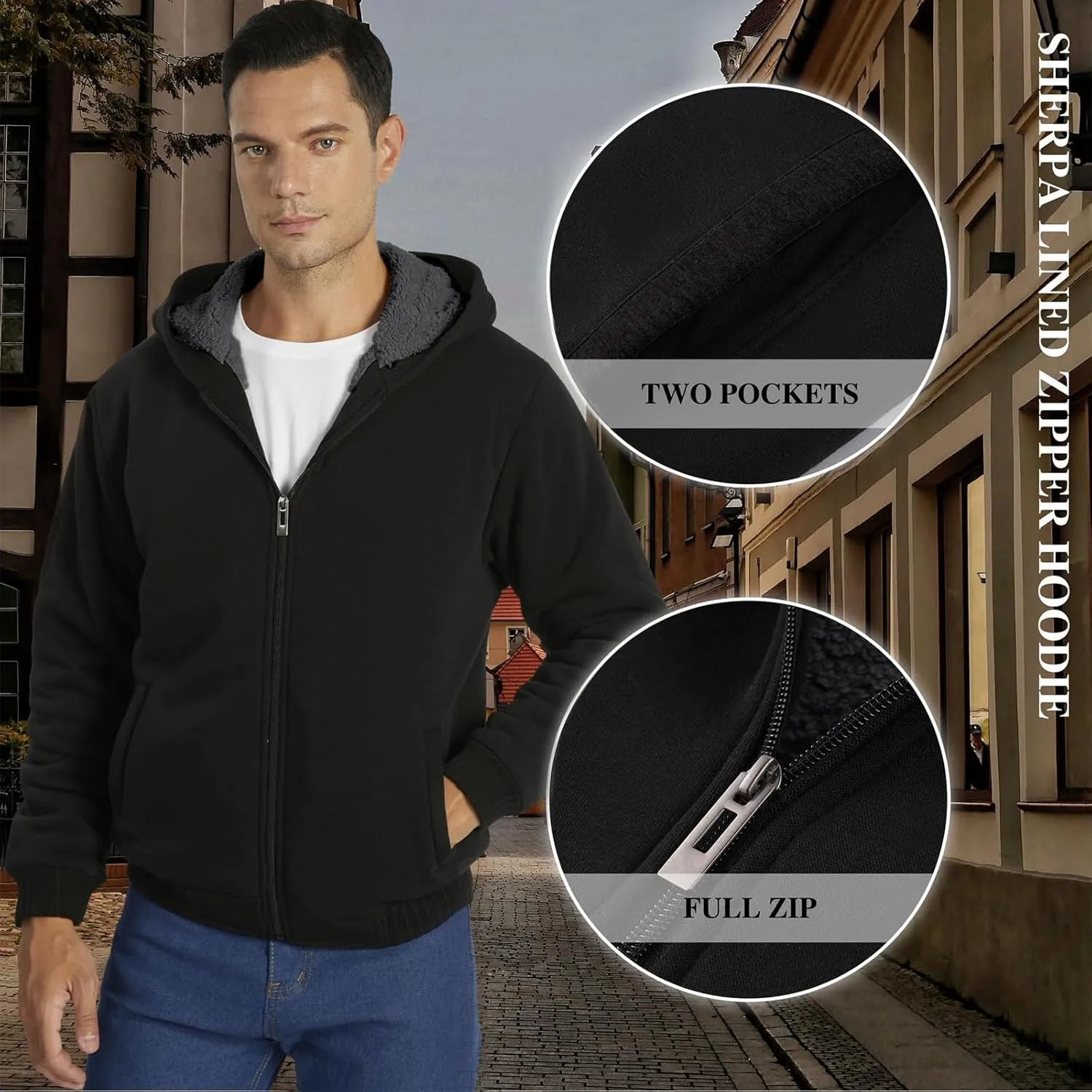 SWISSWELL Men Zip Up Hoodies Sherpa Lined Jacket Heavyweight Fleece Sweatshirt Winter Warm Hooded Coat