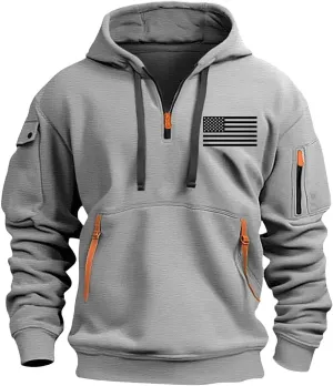 Tactical Hoodies for Men Quarter Zip Pullover Sweatshirts USA Flag Graphic Pullover Long Sleeve Tactical Shirt Tops