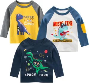 Toddler Boys Long Sleeve Shirts Cotton T-Rex Dinosaur T-Shirts Multipacks