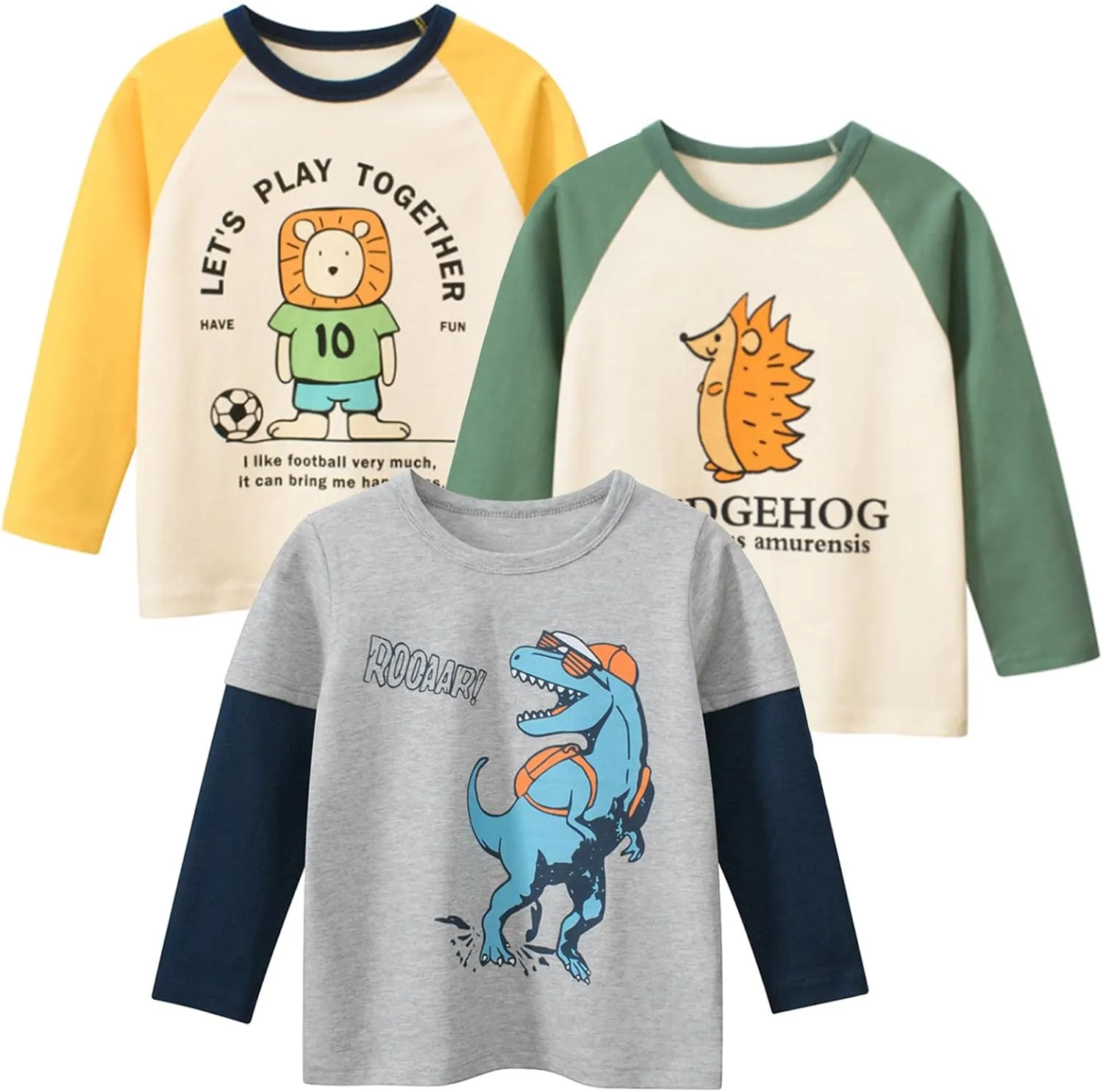 Toddler Boys Long Sleeve Shirts Cotton T-Rex Dinosaur T-Shirts Multipacks