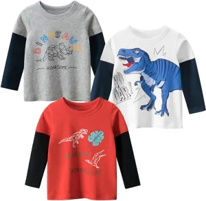Toddler Boys Long Sleeve Shirts Cotton T-Rex Dinosaur T-Shirts Multipacks