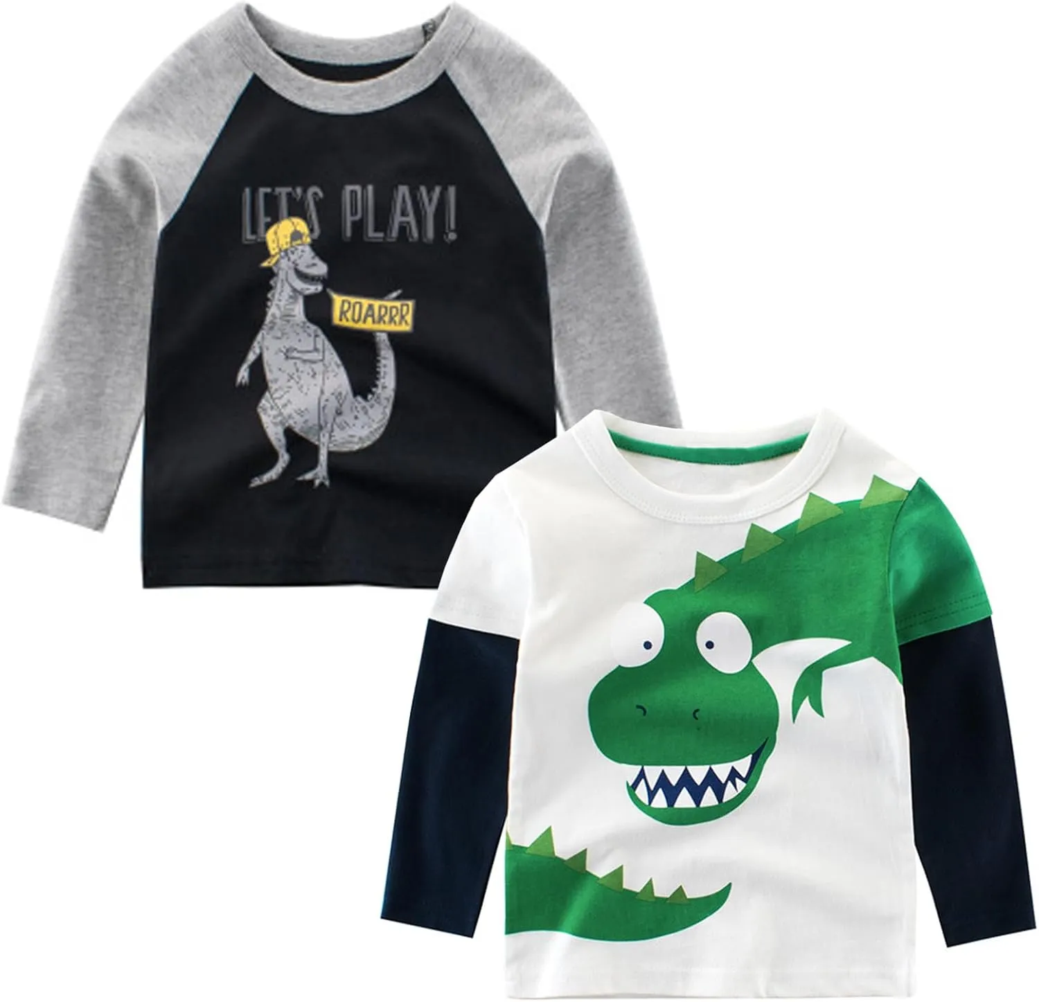 Toddler Boys Long Sleeve Shirts Cotton T-Rex Dinosaur T-Shirts Multipacks
