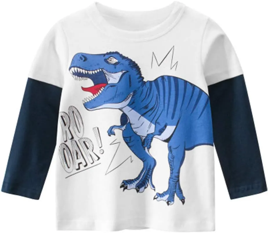 Toddler Boys Long Sleeve Shirts Cotton T-Rex Dinosaur T-Shirts Multipacks