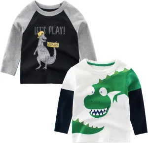 Toddler Boys Long Sleeve Shirts Cotton T-Rex Dinosaur T-Shirts Multipacks