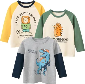 Toddler Boys Long Sleeve Shirts Cotton T-Rex Dinosaur T-Shirts Multipacks