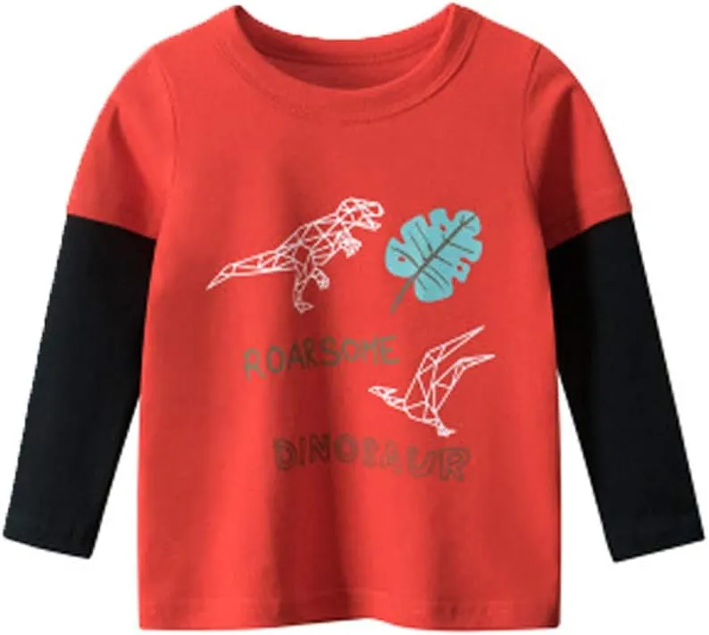 Toddler Boys Long Sleeve Shirts Cotton T-Rex Dinosaur T-Shirts Multipacks