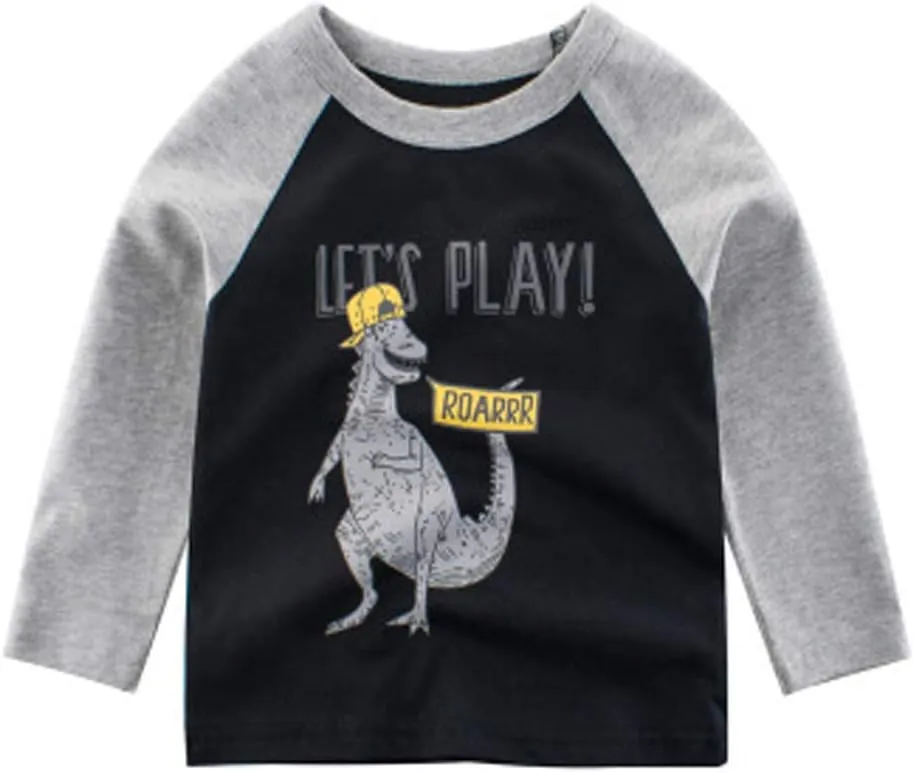 Toddler Boys Long Sleeve Shirts Cotton T-Rex Dinosaur T-Shirts Multipacks