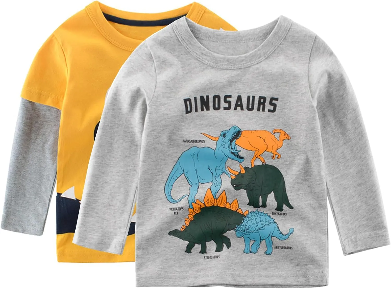 Toddler Boys Long Sleeve Shirts Cotton T-Rex Dinosaur T-Shirts Multipacks