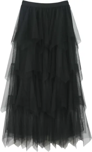 Tulle Midi Skirts for Women 2025 Summer Elastic High Waisted Asymmetrical Tiered Ruffle Long Skirt
