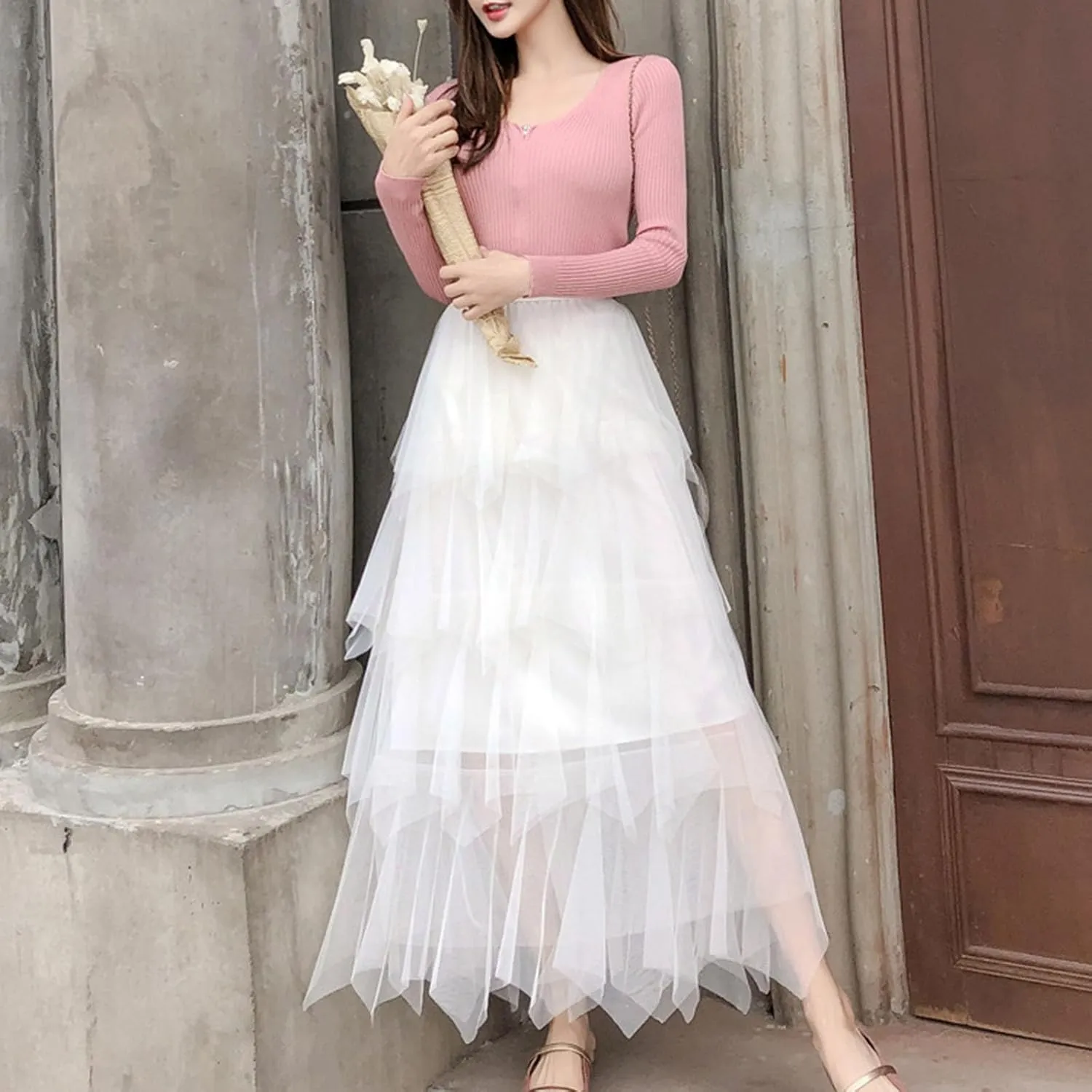 Tulle Midi Skirts for Women 2025 Summer Elastic High Waisted Asymmetrical Tiered Ruffle Long Skirt