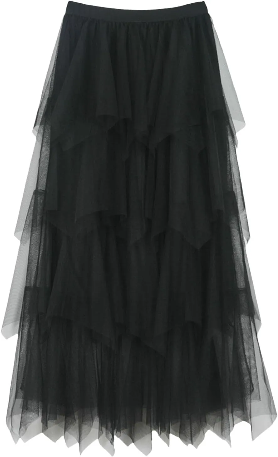 Tulle Midi Skirts for Women 2025 Summer Elastic High Waisted Asymmetrical Tiered Ruffle Long Skirt