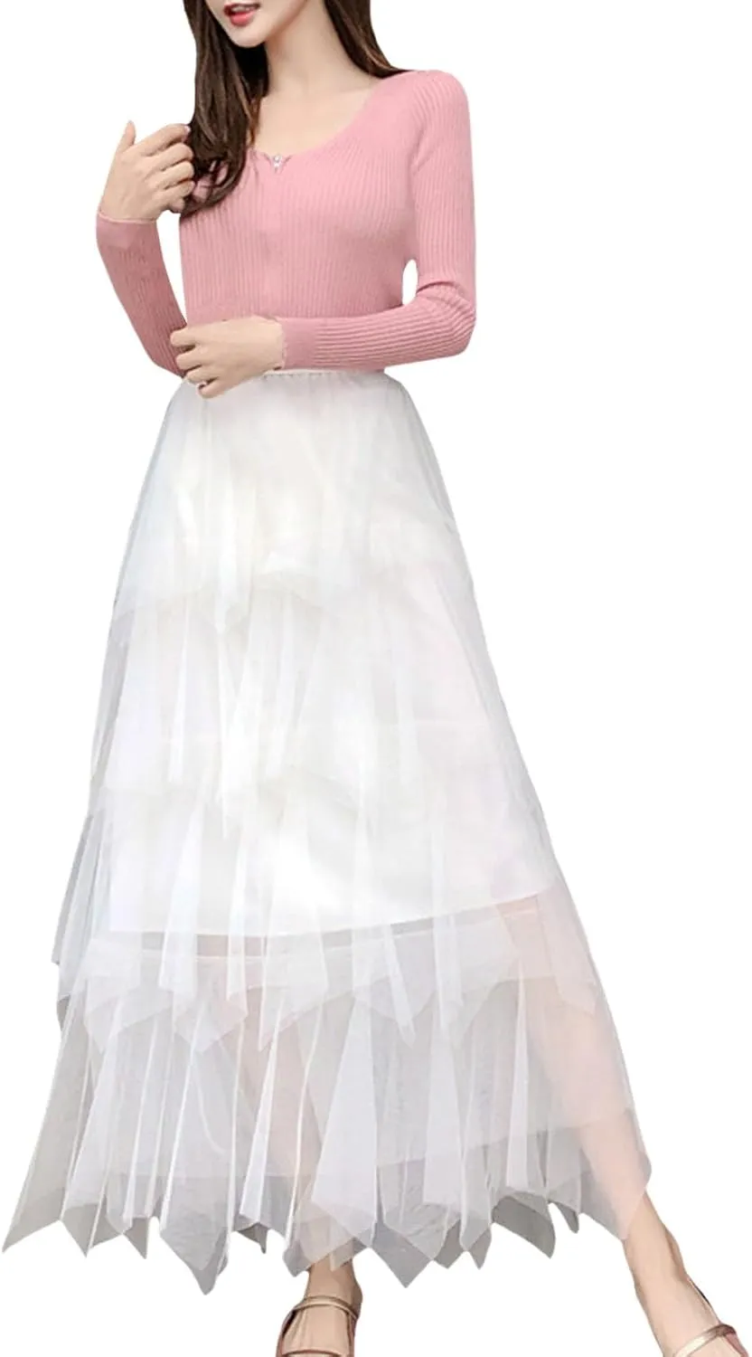 Tulle Midi Skirts for Women 2025 Summer Elastic High Waisted Asymmetrical Tiered Ruffle Long Skirt
