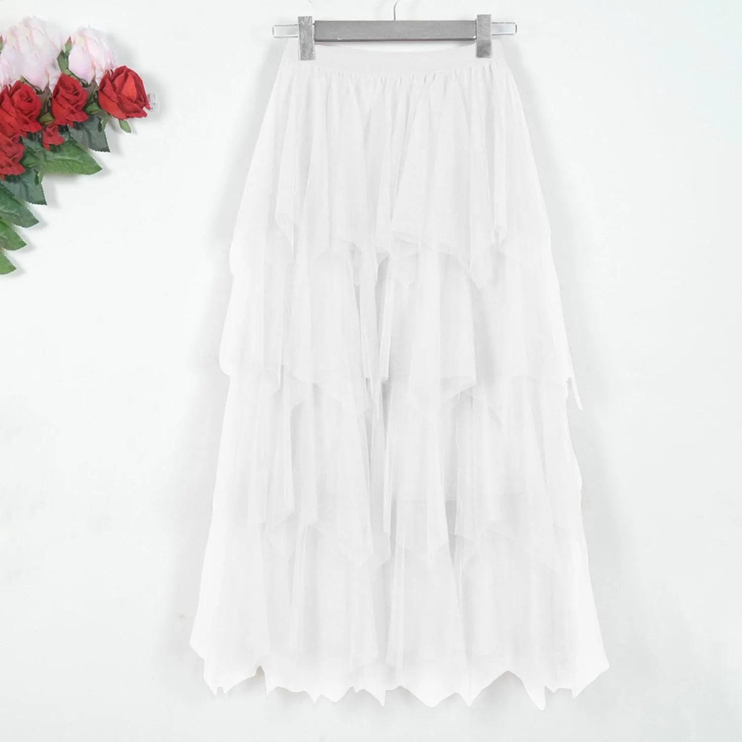 Tulle Midi Skirts for Women 2025 Summer Elastic High Waisted Asymmetrical Tiered Ruffle Long Skirt
