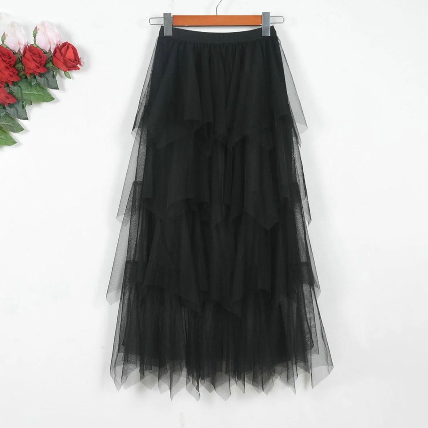 Tulle Midi Skirts for Women 2025 Summer Elastic High Waisted Asymmetrical Tiered Ruffle Long Skirt