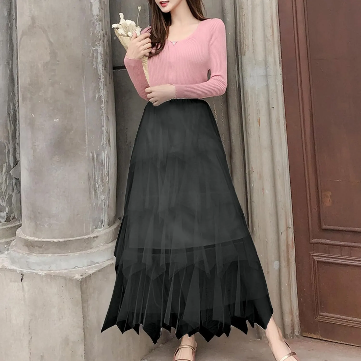Tulle Midi Skirts for Women 2025 Summer Elastic High Waisted Asymmetrical Tiered Ruffle Long Skirt