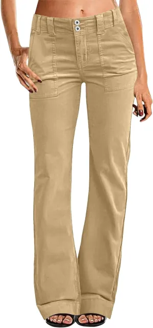 Twill Jeans for Women Straight Leg Button Low Rise Pull on Cargo Pants Baggy Casual Lightweight Flared Jeans w/Pocket