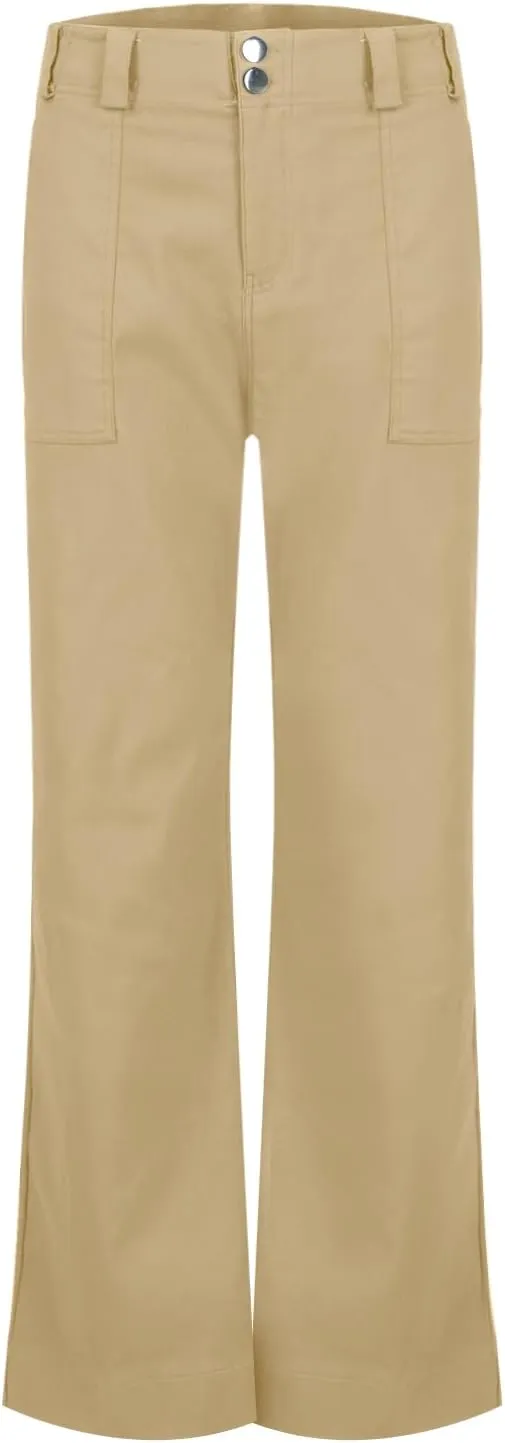 Twill Jeans for Women Straight Leg Button Low Rise Pull on Cargo Pants Baggy Casual Lightweight Flared Jeans w/Pocket