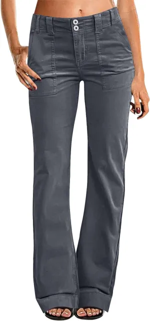 Twill Jeans for Women Straight Leg Button Low Rise Pull on Cargo Pants Baggy Casual Lightweight Flared Jeans w/Pocket