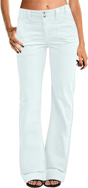 Twill Jeans for Women Straight Leg Button Low Rise Pull on Cargo Pants Baggy Casual Lightweight Flared Jeans w/Pocket