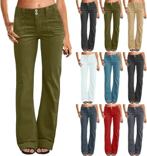 Twill Jeans for Women Straight Leg Button Low Rise Pull on Cargo Pants Baggy Casual Lightweight Flared Jeans w/Pocket