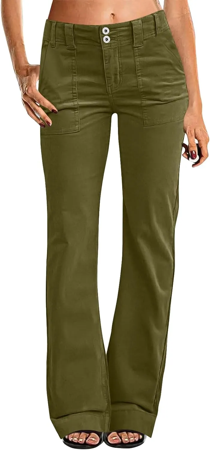 Twill Jeans for Women Straight Leg Button Low Rise Pull on Cargo Pants Baggy Casual Lightweight Flared Jeans w/Pocket