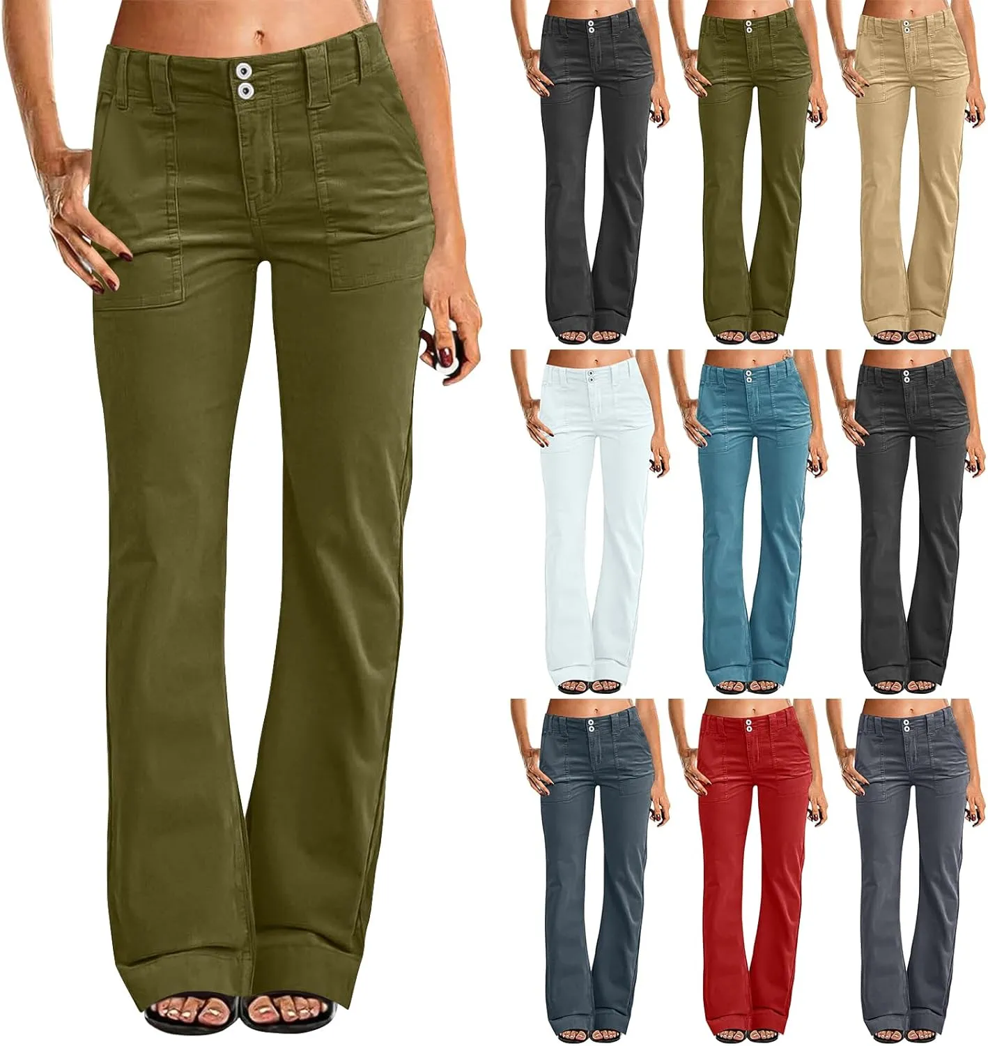 Twill Jeans for Women Straight Leg Button Low Rise Pull on Cargo Pants Baggy Casual Lightweight Flared Jeans w/Pocket