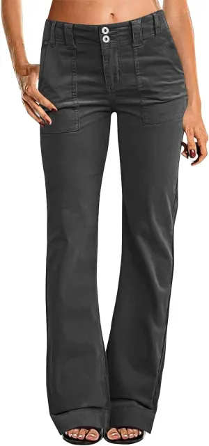 Twill Jeans for Women Straight Leg Button Low Rise Pull on Cargo Pants Baggy Casual Lightweight Flared Jeans w/Pocket