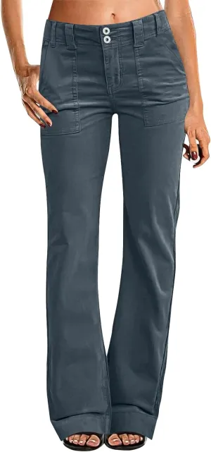 Twill Jeans for Women Straight Leg Button Low Rise Pull on Cargo Pants Baggy Casual Lightweight Flared Jeans w/Pocket