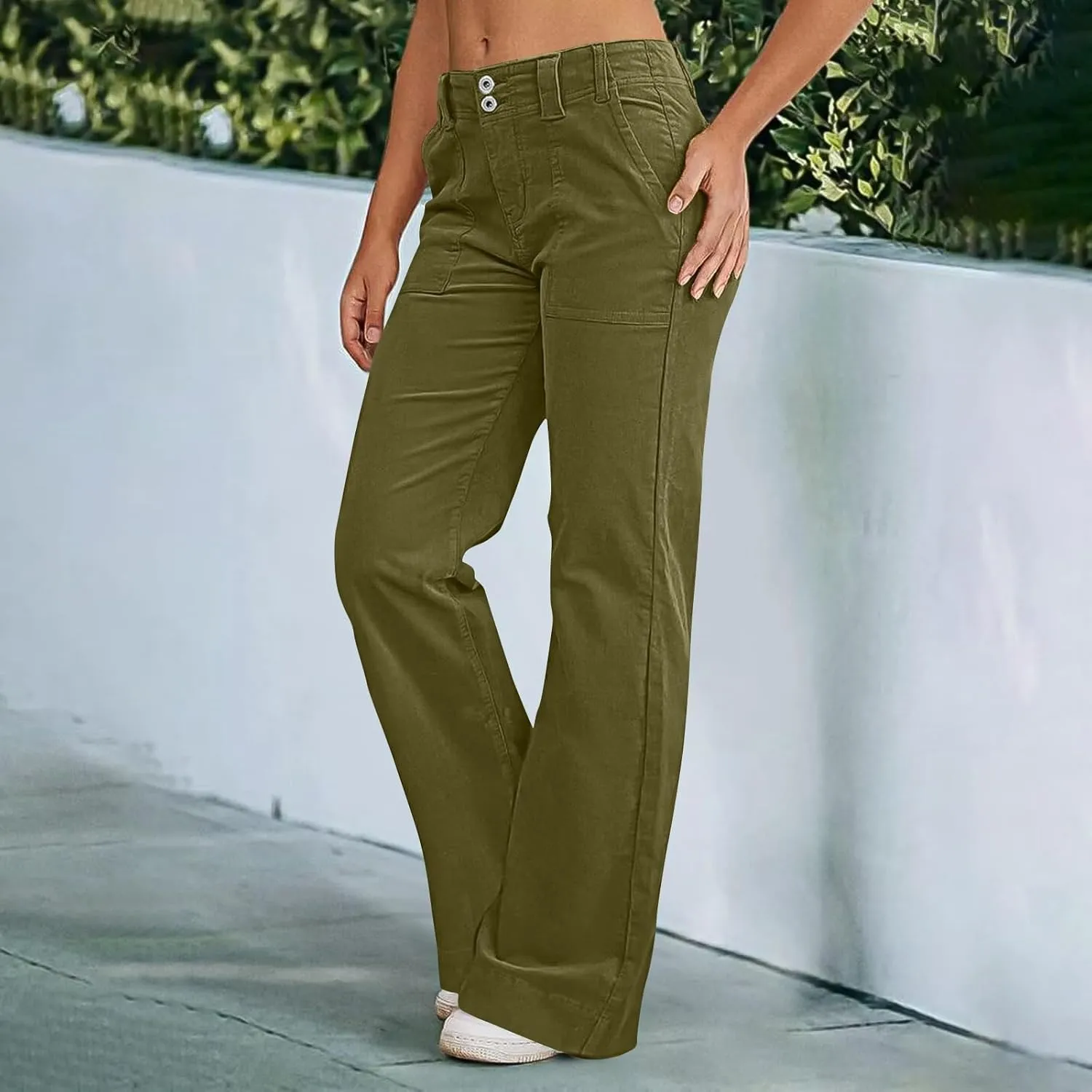 Twill Jeans for Women Straight Leg Button Low Rise Pull on Cargo Pants Baggy Casual Lightweight Flared Jeans w/Pocket