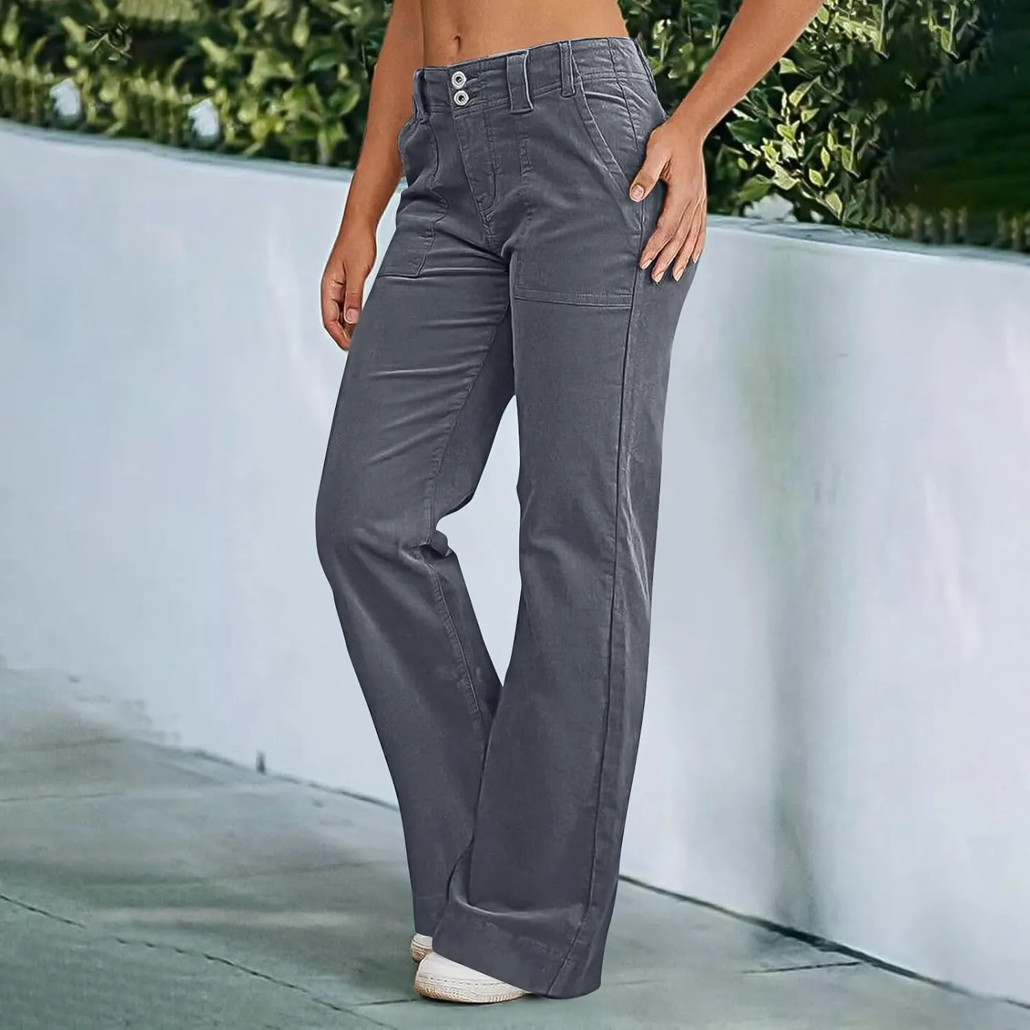 Twill Jeans for Women Straight Leg Button Low Rise Pull on Cargo Pants Baggy Casual Lightweight Flared Jeans w/Pocket