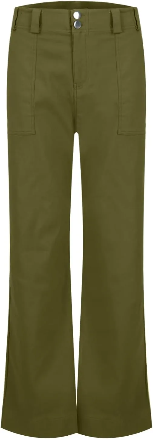 Twill Jeans for Women Straight Leg Button Low Rise Pull on Cargo Pants Baggy Casual Lightweight Flared Jeans w/Pocket