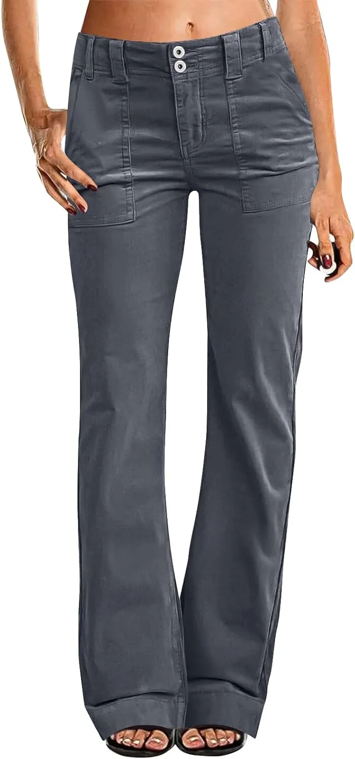 Twill Jeans for Women Straight Leg Button Low Rise Pull on Cargo Pants Baggy Casual Lightweight Flared Jeans w/Pocket