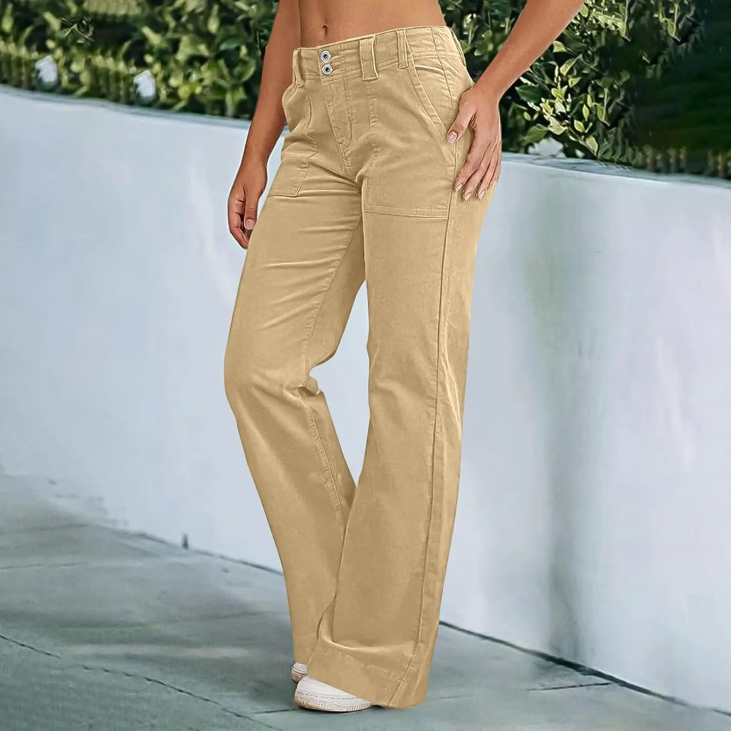 Twill Jeans for Women Straight Leg Button Low Rise Pull on Cargo Pants Baggy Casual Lightweight Flared Jeans w/Pocket