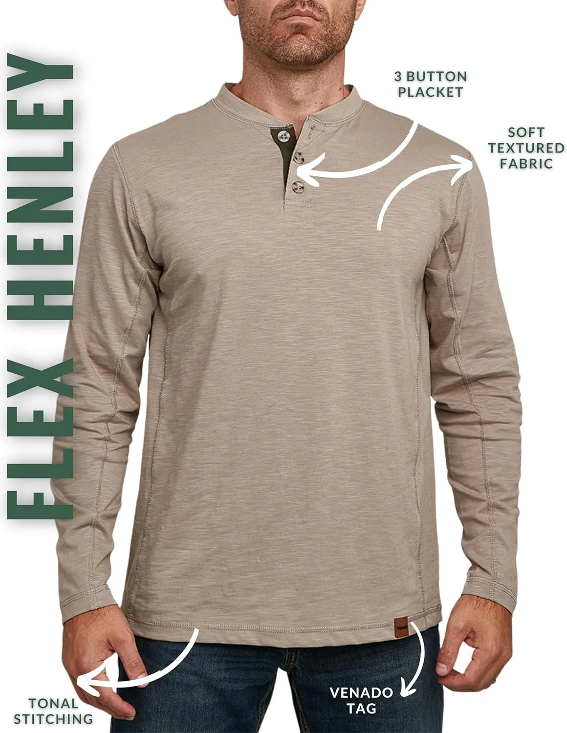 Venado Henley Long Sleeve Shirts for Men - Mens Henley with Flex Material