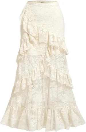 Verdusa Women's Lace Long Skirts High Waist Layered Ruffle Hem A Line Skirt