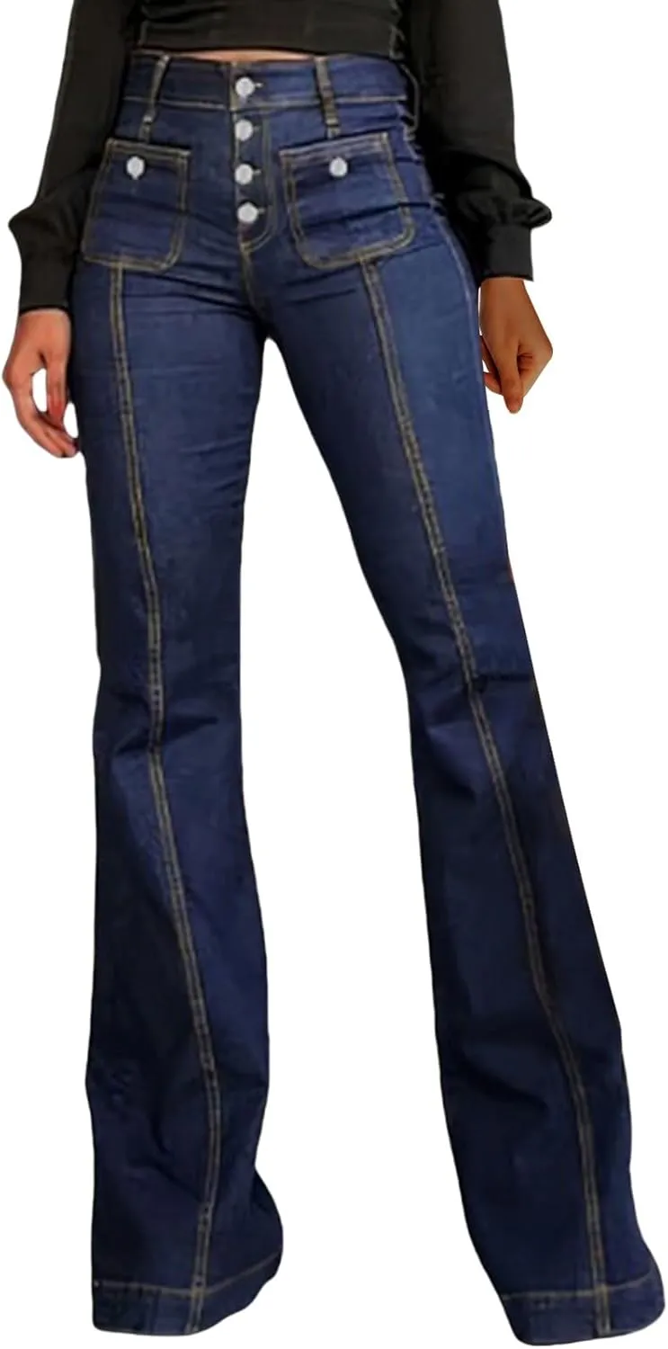 Vintage Flared Jeans for Women Button-Fly High Waisted Bell Bottom Denim Pants Stretch Wide Leg Bootcut Jean Trousers