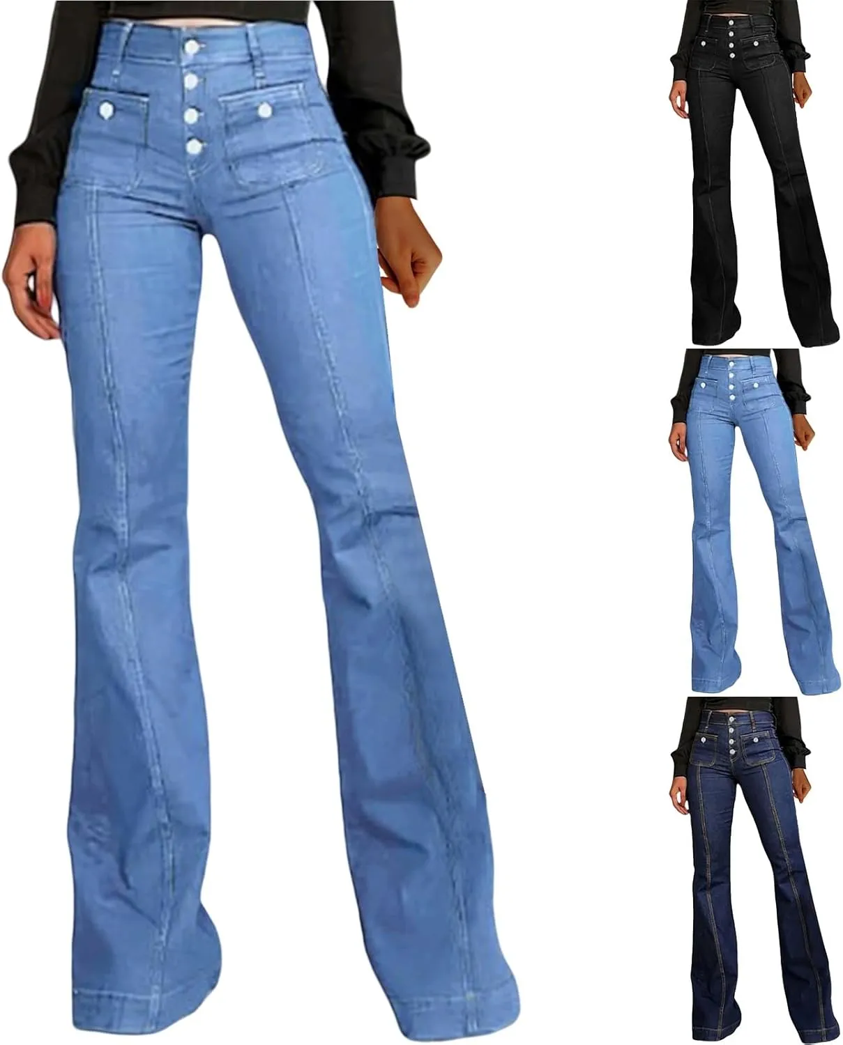Vintage Flared Jeans for Women Button-Fly High Waisted Bell Bottom Denim Pants Stretch Wide Leg Bootcut Jean Trousers