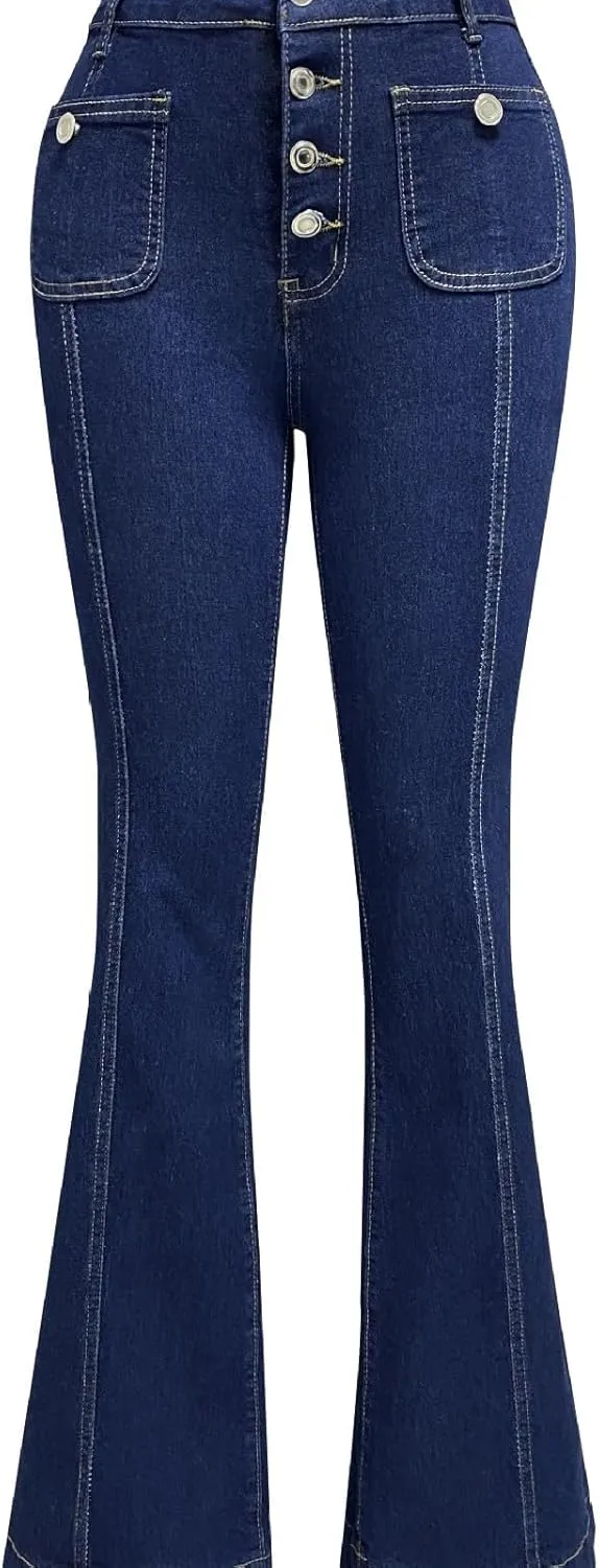 Vintage Flared Jeans for Women Button-Fly High Waisted Bell Bottom Denim Pants Stretch Wide Leg Bootcut Jean Trousers