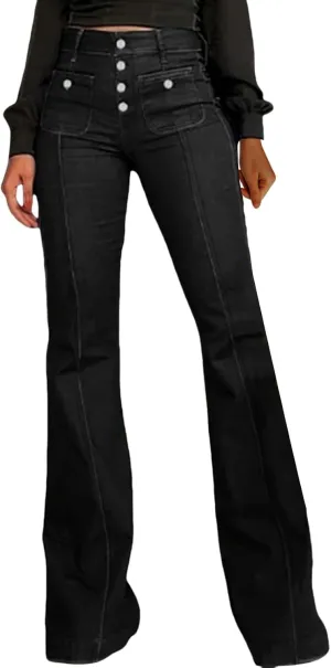 Vintage Flared Jeans for Women Button-Fly High Waisted Bell Bottom Denim Pants Stretch Wide Leg Bootcut Jean Trousers