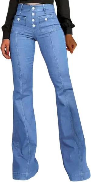 Vintage Flared Jeans for Women Button-Fly High Waisted Bell Bottom Denim Pants Stretch Wide Leg Bootcut Jean Trousers