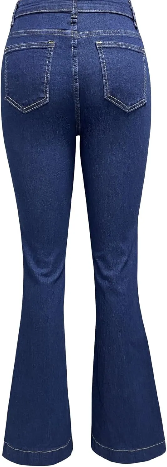 Vintage Flared Jeans for Women Button-Fly High Waisted Bell Bottom Denim Pants Stretch Wide Leg Bootcut Jean Trousers
