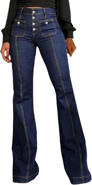 Vintage Flared Jeans for Women Button-Fly High Waisted Bell Bottom Denim Pants Stretch Wide Leg Bootcut Jean Trousers