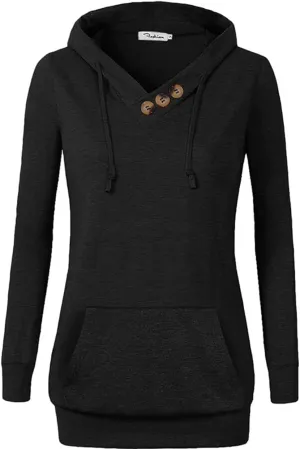 VOIANLIMO Women's Sweatshirts Long Sleeve Button V-Neck Pockets Pullover Hoodies