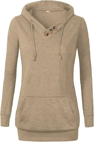 VOIANLIMO Women's Sweatshirts Long Sleeve Button V-Neck Pockets Pullover Hoodies