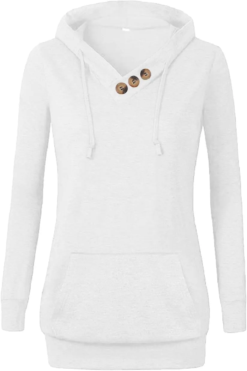 VOIANLIMO Women's Sweatshirts Long Sleeve Button V-Neck Pockets Pullover Hoodies