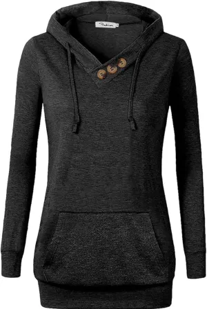 VOIANLIMO Women's Sweatshirts Long Sleeve Button V-Neck Pockets Pullover Hoodies